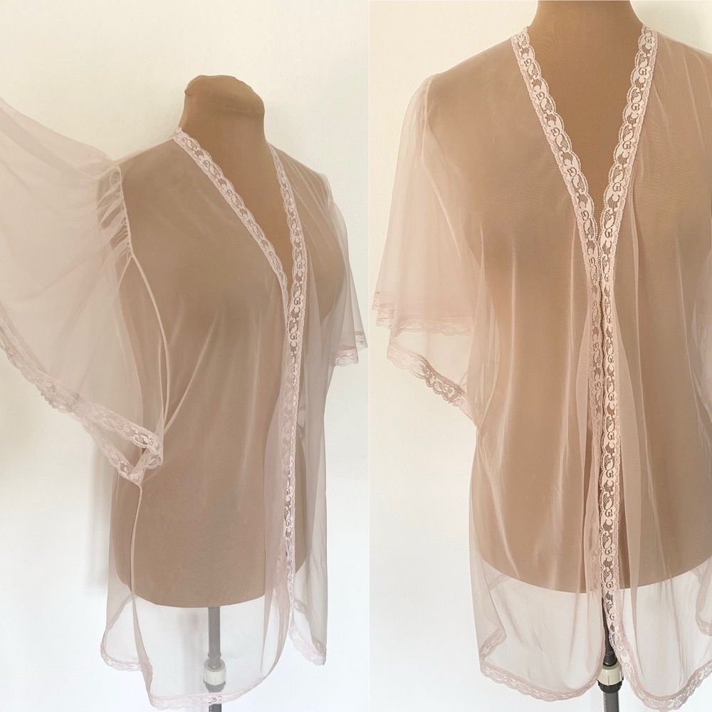 Vintage 80s Sheer Butterfly Sleeve Peignoir *Medium* INNER MOST Pink Nylon Lace